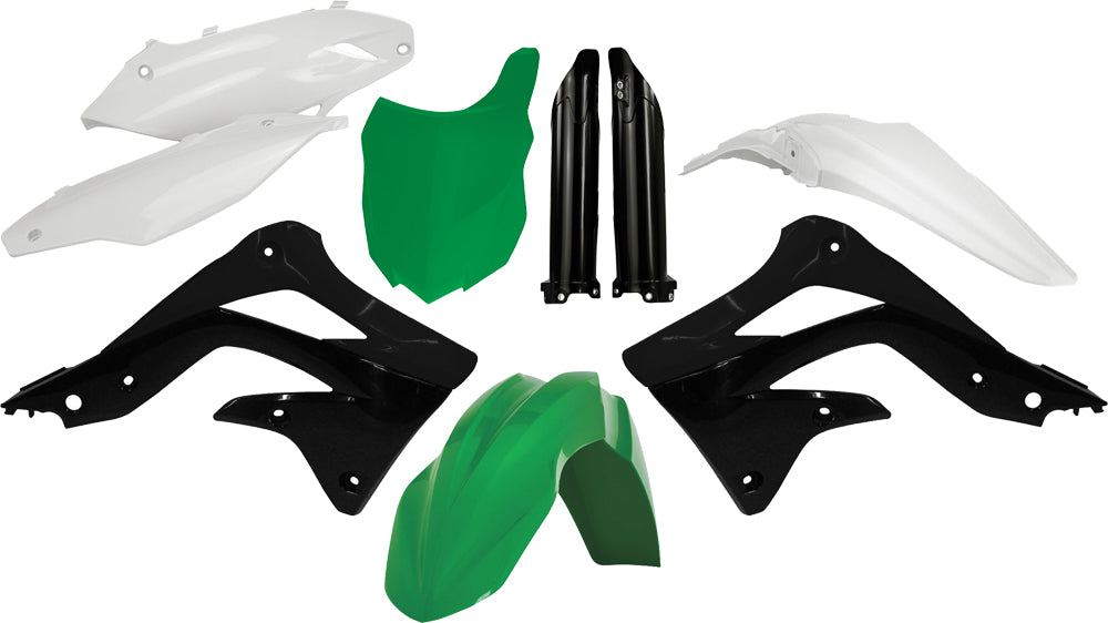 Acerbis factory Kawasaki full plastic kit, including front and rear fenders, side panels, and body parts in a plastic set.