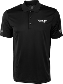Fly Racing polo shirt in black and white featuring the Fly Racing logo, casual wear for motorcycle enthusiasts.