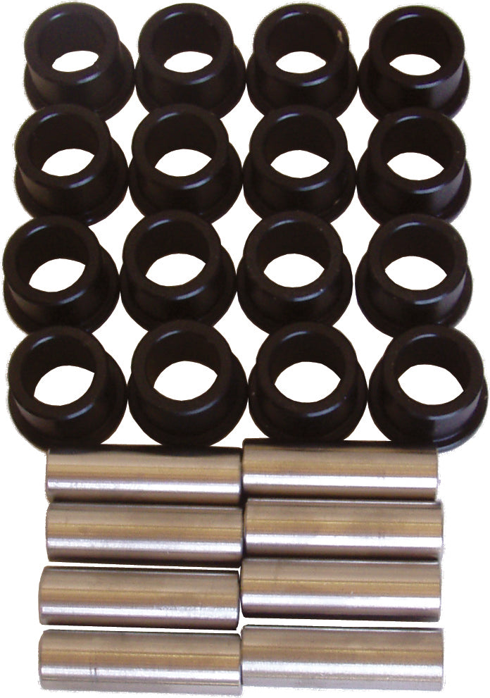 ModQuad 16-piece Delrin A-arm bushing kit for suspension, showing black bushings and metal components.