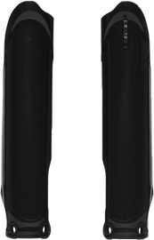 Black Polisport Plastics fork guards for Yamaha 64-835233, mounted on motorcycle front forks, made of durable plastic.