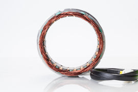 Ricks Motorsport Electric Stator 27-21420 for motorcycle electrical system, showing metallic coil components and wiring connections.