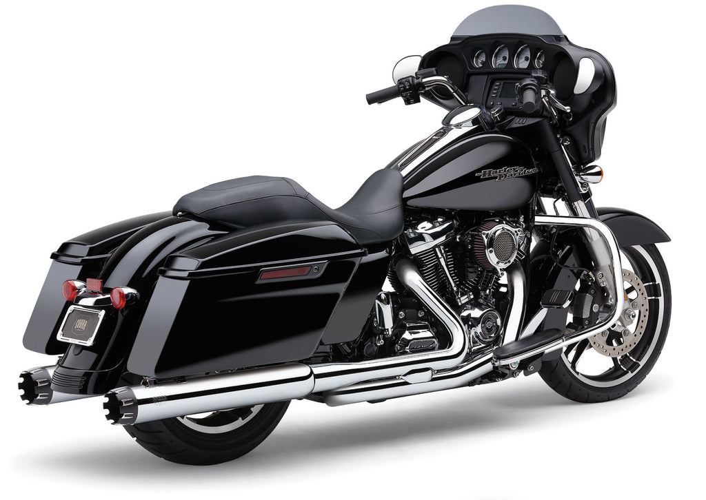 Cobra 4-inch dual cut tip slip-on chrome exhaust for Harley FLH/Flt 17-25 models, with polished finish and sleek design