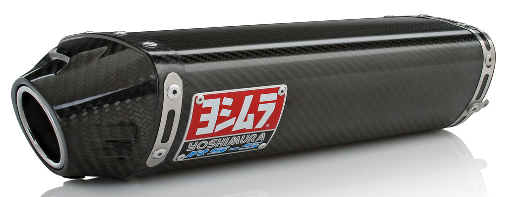 Yoshimura Race RS-5 slip-on exhaust with stainless steel and carbon fiber components for motorcycle performance.