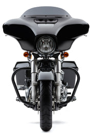 Cobra Freeway Bars Vbend 1.25-inch black motorcycle body crash bars for FLH/Flt models 2009-2025, with sturdy Vbend design.