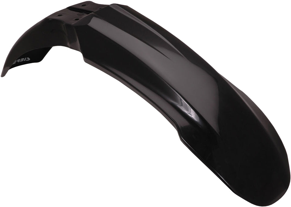 Black Acerbis front fender for motorcycles, showing smooth plastic surface and mounting points.