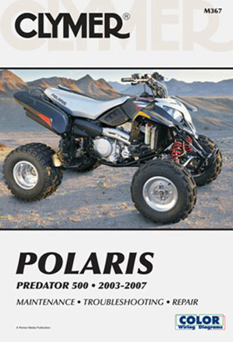 Clymer Pol Predator 27-M367 repair manual showing detailed pages with diagrams and instructions for motorcycle repairs.