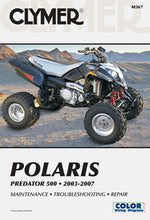 Load image into Gallery viewer, Clymer Pol Predator 27-M367 repair manual showing detailed pages with diagrams and instructions for motorcycle repairs.