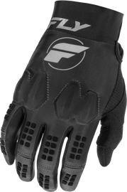 Fly Racing Evolution DST gloves in black and grey, XL size, showcasing padded palms and secure wrist closures for motocross riding.