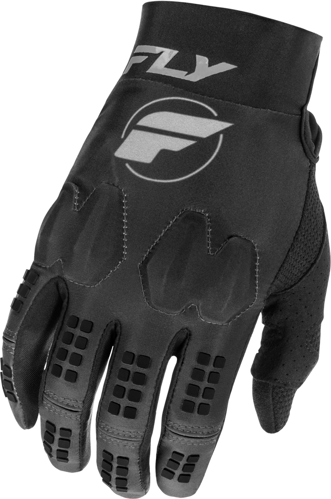 Fly Racing Evolution DST gloves in black and grey, featuring padded palms and breathable fabric for motocross or biking.