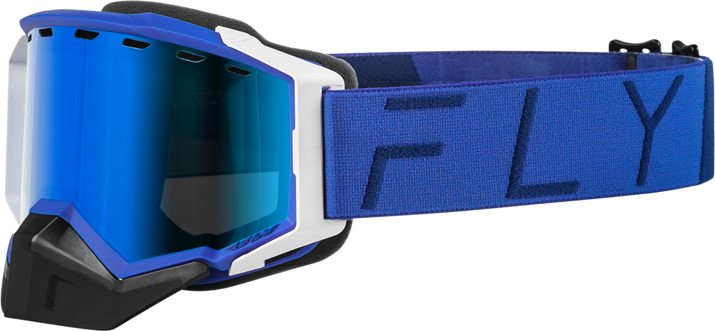Fly Racing Zone Pro snow goggles with blue frame and blue mirrored smoke lens, designed for winter sports and snowboarding.