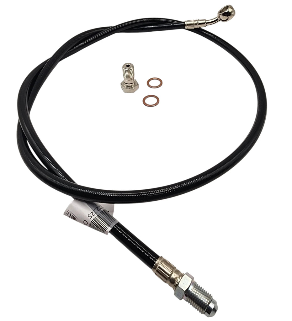 Flo Motorsports clutch hydraulic line for Husqvarna and Gas Gas motorcycles, durable braided hose with fittings.