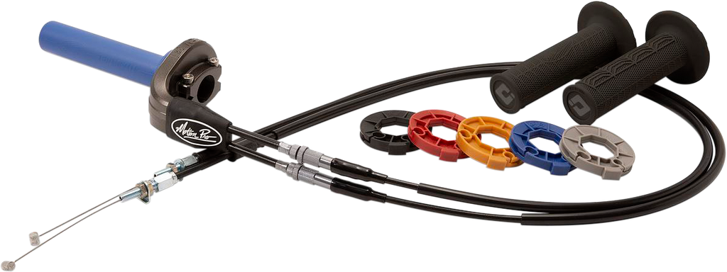 Motion Pro Rev3 throttle kit for motorcycles, featuring grips and throttle tube in black with detailed components.