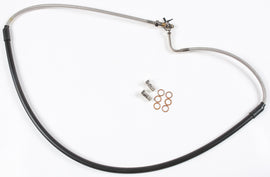 GALFER 2-line front brake line kit with braided hoses and fittings for motorcycle braking system, installed on front wheel.