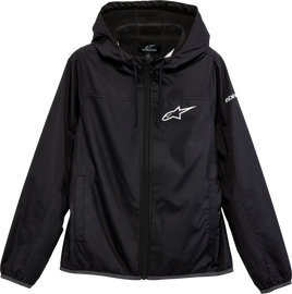 Alpine Star women's Treq windbreaker in black, size small, lightweight jacket with hood and sporty design.