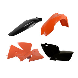 Polisport Plastics KTM orange and black plastic body kit for off-road motorcycle, includes front and side panels.