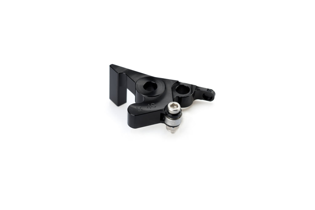Black PUIG lever adapter for brake and clutch levers, shown mounted on motorcycle handlebar, with detailed metal finish and compact design.