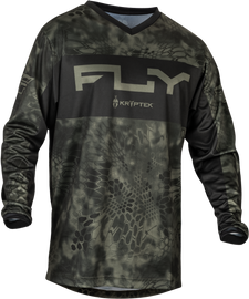 Fly Racing F-16 Se Kryptek jersey in moss grey and black, size medium, featuring Kryptek camouflage design and lightweight fabric.
