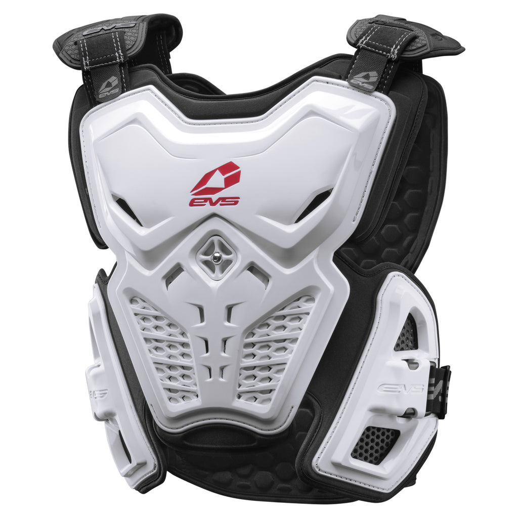 EVS F2 Roost Deflector in white, large size for riders 140-190 lbs, protective motorcycle gear with adjustable straps.