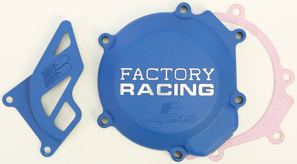 Boyesen Factory Racing ignition cover in blue for street motorcycles, featuring detailed branding and durable metal construction.