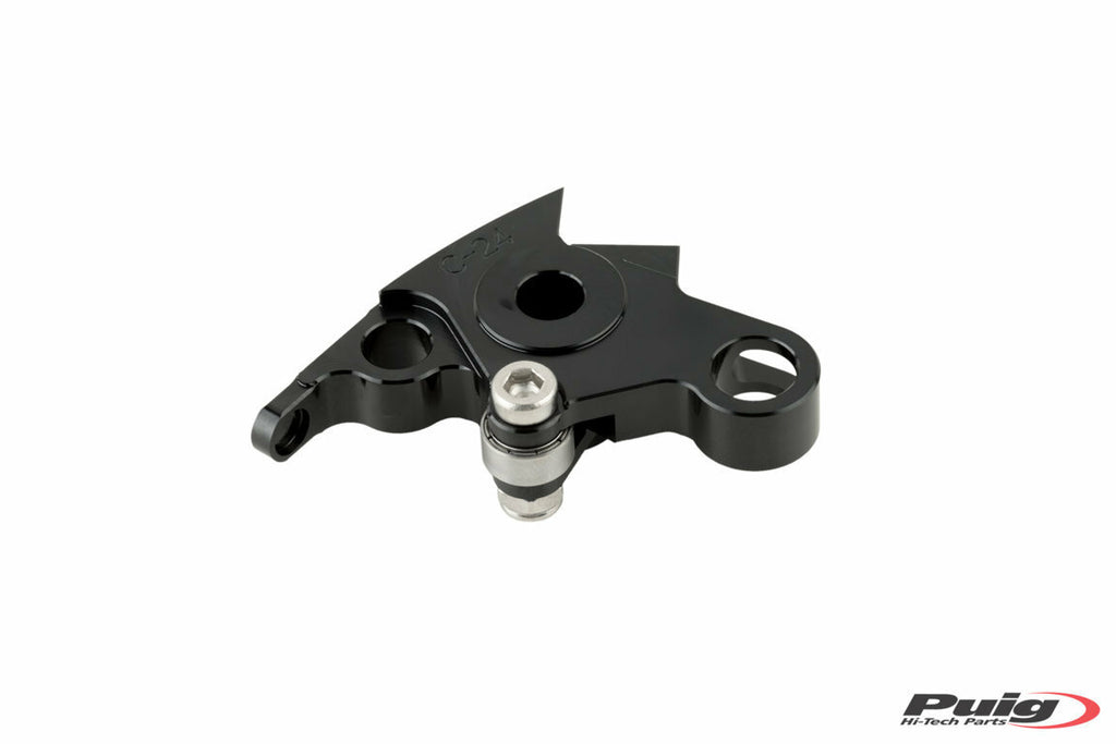 Black PUIG clutch lever adapter for motorcycle, showcasing the sleek metal finish and ergonomic design.