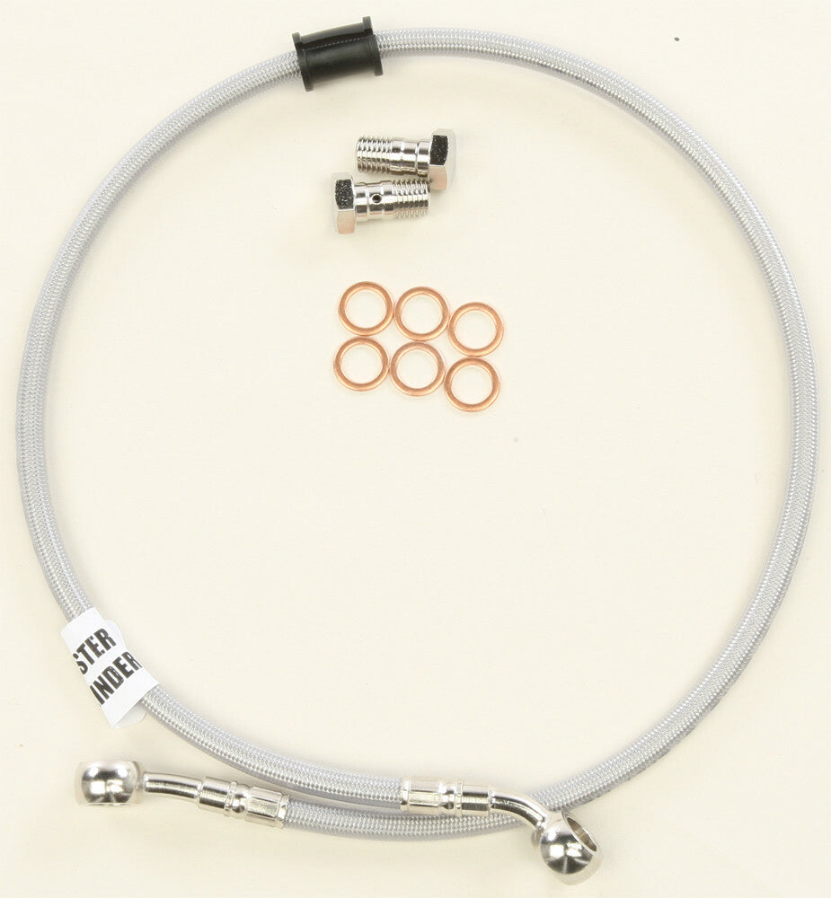 Rear brake line for vehicle, branded GBRAKES, featuring metal fittings and flexible tubing, designed for brake system connection.