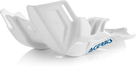 Acerbis white skid plate for motorcycles, showing a durable plastic guard with mounting points for protection.