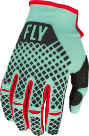 Fly Racing Kinetic S.E. Rave gloves in mint, black, and red with padded palms and breathable fabric for motocross riding.