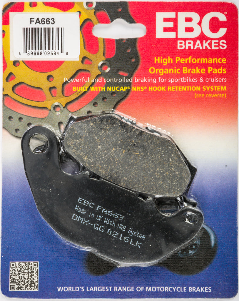 EBC Motorcycle Brakes Fa663 organic brake pads, black and metal, shown in close-up view for motorcycle braking system replacement.