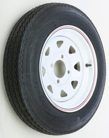 AWC trailer tire and wheel assembly with white rim, featuring a rugged tire suitable for heavy-duty trailer use.