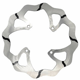 GALFER 280 Tsunami rotor for motorcycle brakes, silver metal disc with drilled holes, mounted on a brake caliper.