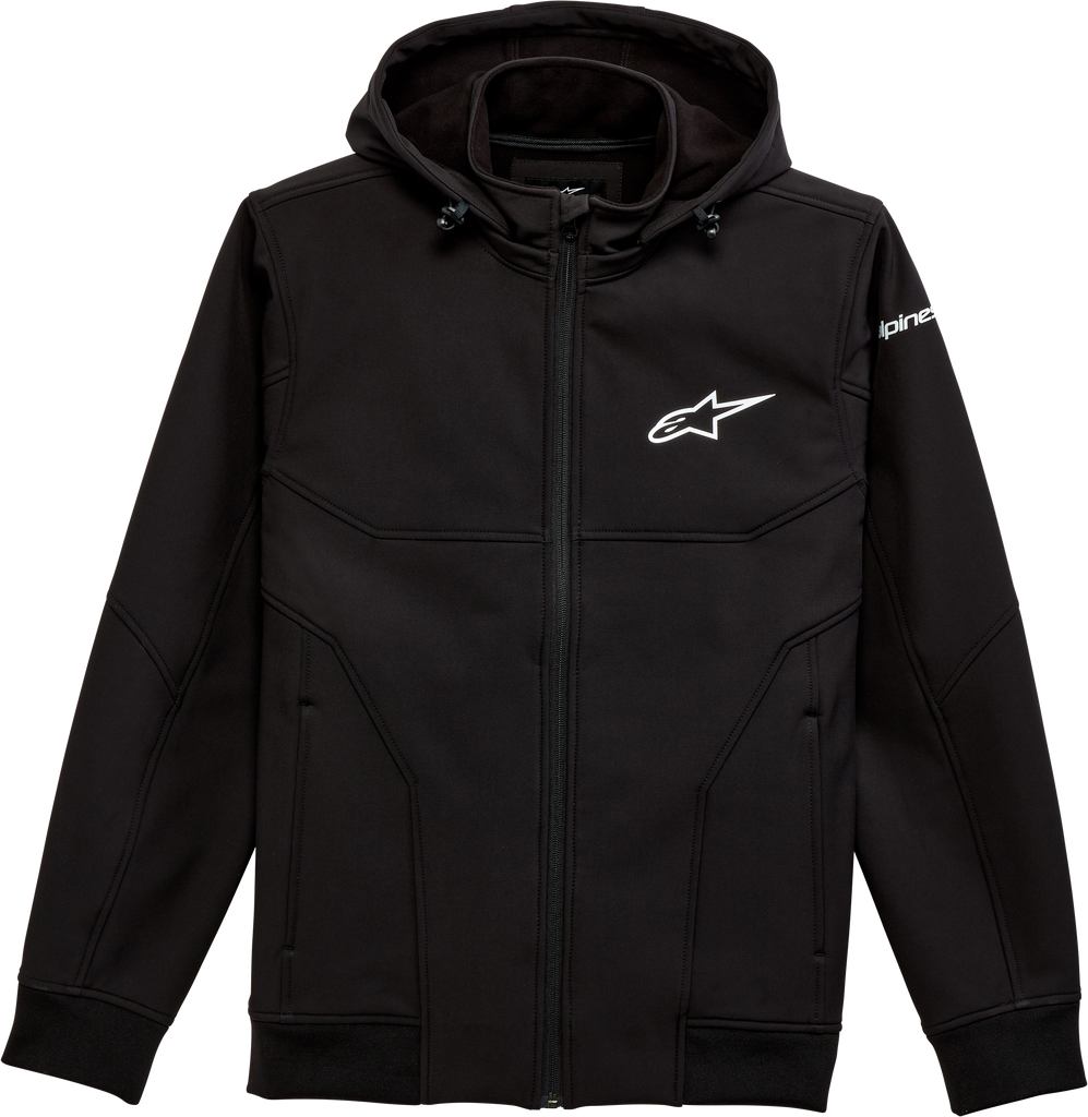 Alpine Star Primary Black Jacket in size small, featuring a sleek design and front zipper, suitable for casual or motorcycle wear.