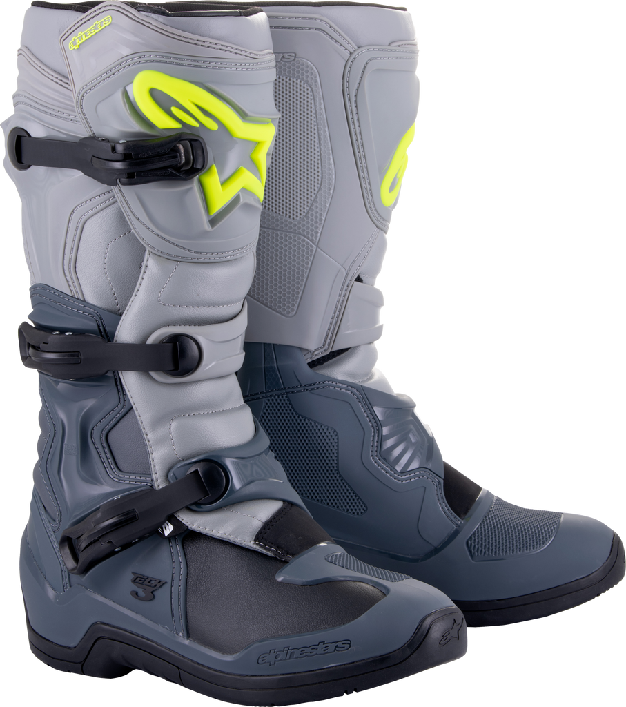 Alpine Star Tech 3 motorcycle riding boots in dark grey, light grey, and black, size 13, with sturdy design and protective features.