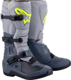 Alpine Star Tech 3 motorcycle boots in dark grey, light grey, and black, size 10, showing the sturdy design and branding.