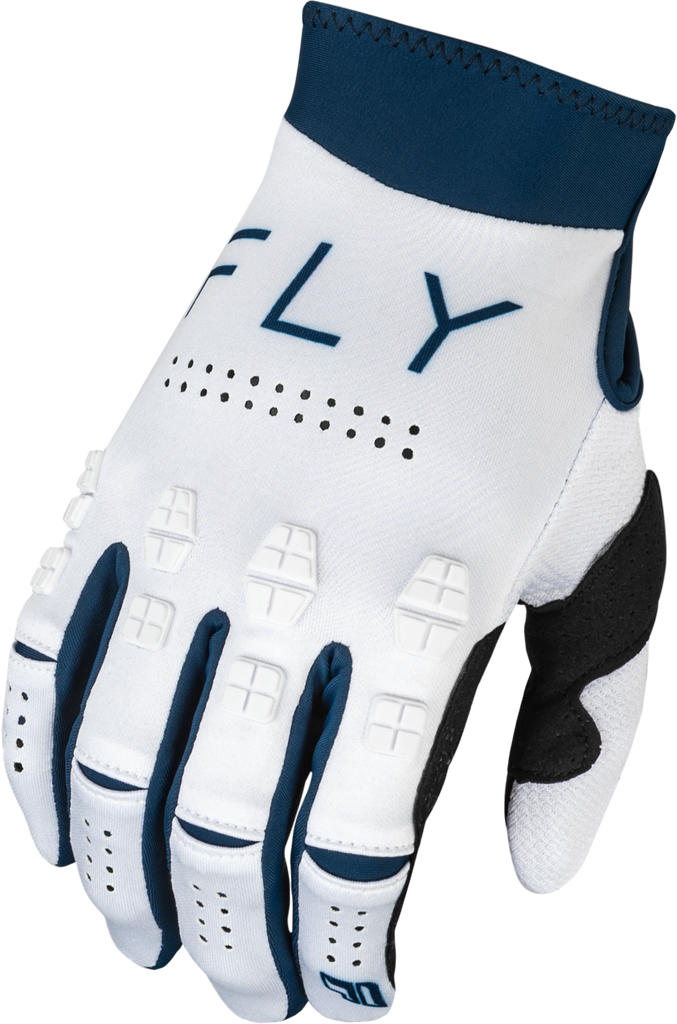 Fly Racing Evolution Dst gloves in white and navy, size large, featuring lightweight, breathable fabric and secure wrist closure.