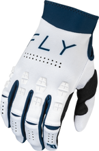 Load image into Gallery viewer, Fly Racing Evolution Dst gloves in white and navy, size large, featuring lightweight, breathable fabric and secure wrist closure.
