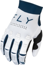 Fly Racing Evolution Dst gloves in white and navy, size large, featuring lightweight, breathable fabric and secure wrist closure.