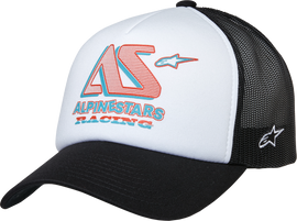 Alpine Star Ayess Trucker Hat in white and black with mesh back and adjustable strap, casual trucker style.