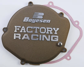 Boyesen Factory Racing Clutch Cover in magnesium for motorcycles, showcasing the sleek, durable design with brand logo.