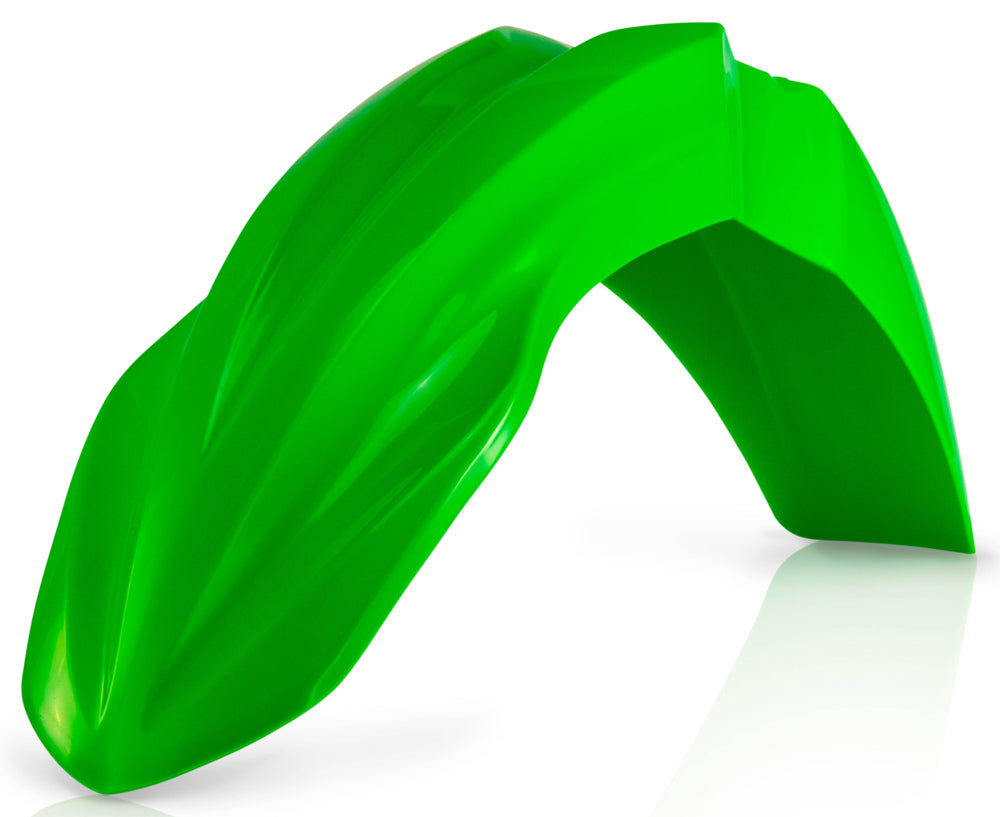 Acerbis fluorescent green front fender for motorcycles, featuring a sleek and durable design suitable for off-road or trail riding.