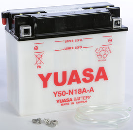 Yuasa Y50N18A-A conventional car battery with positive and negative terminals, black plastic casing, and labeling visible.