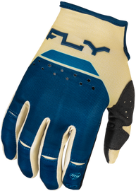 Fly Racing Kinetic Reload gloves in ivory, navy, and cobalt, shown in size medium with padded palms and breathable fabric.