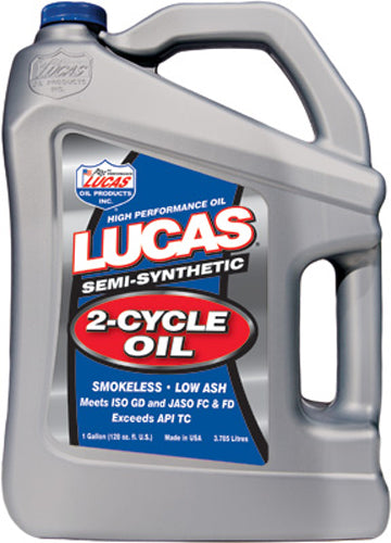 LUCAS semi-synthetic 2-stroke oil 1-gallon container, ideal for small engine lubrication, shown in the product image.