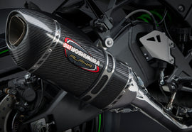 Yoshimura Race Alpha-T 3/4 slip-on exhaust with stainless steel and carbon fiber components, designed for high-performance motorcycles.