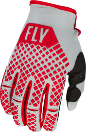 Fly Racing Youth Kinetic Gloves in red and grey, showing the close-up of the padded, breathable fabric and secure wrist closure.