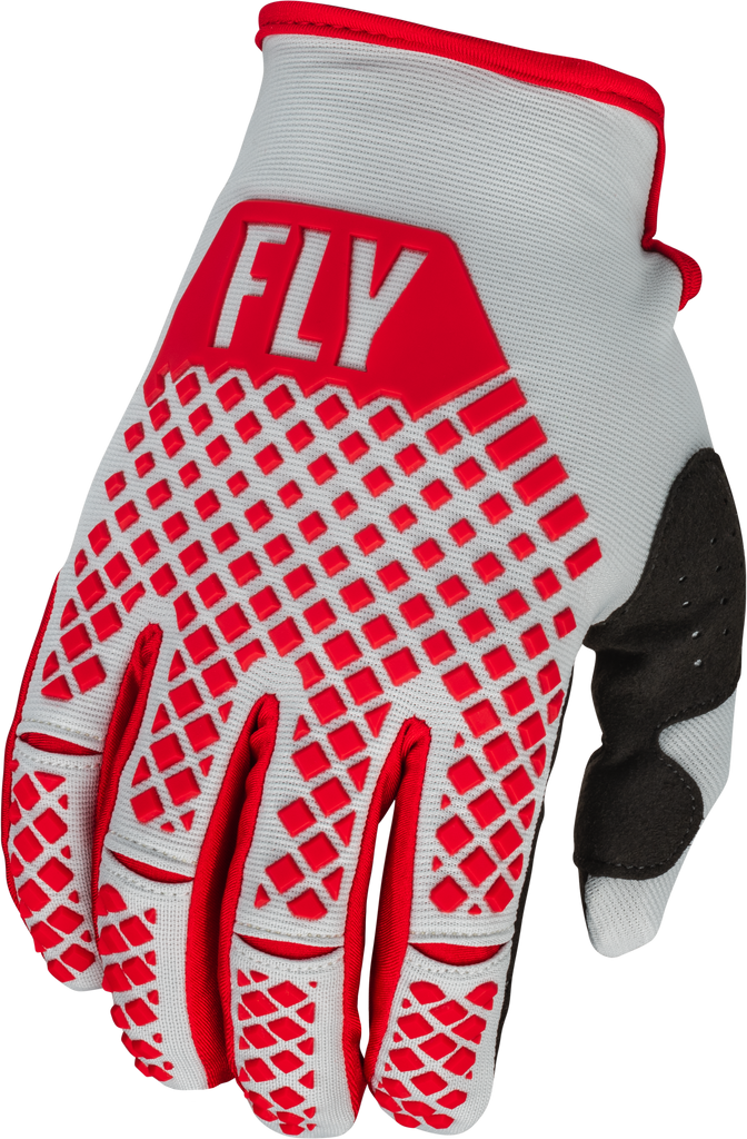 Fly Racing Youth Kinetic Gloves in red and grey, featuring padded palms and adjustable wrist straps for young riders.