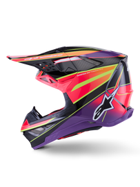 Alpine Star Supertech S-M10 Era helmet in pink, violet, and yellow fluo with glossy finish, size medium, front view.
