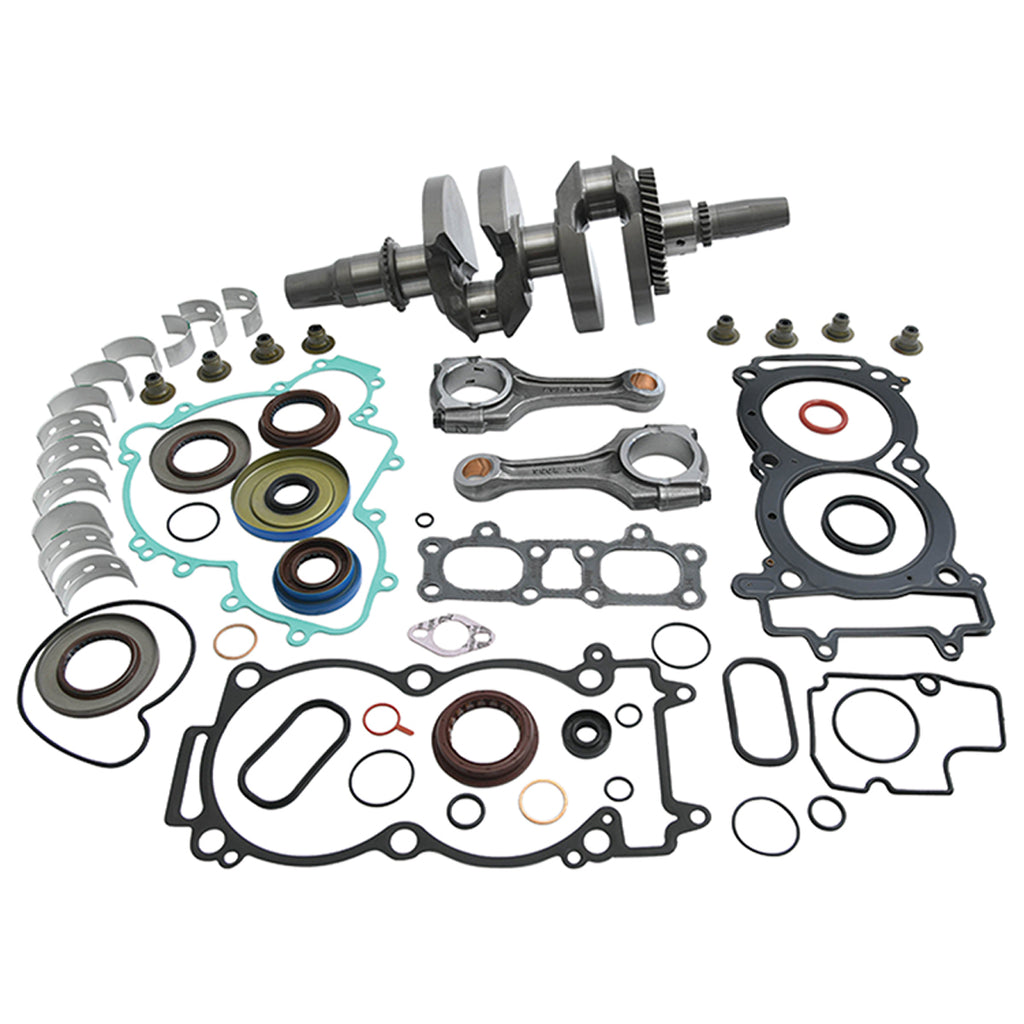 Hot Rods engine bottom end kit Pol 421-HR0111 with engine components, bolts, and parts laid out on a surface.