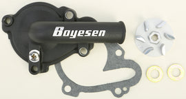 Boyesen black waterpump cover and impeller kit for motorcycles, featuring durable metal components and precise engineering.