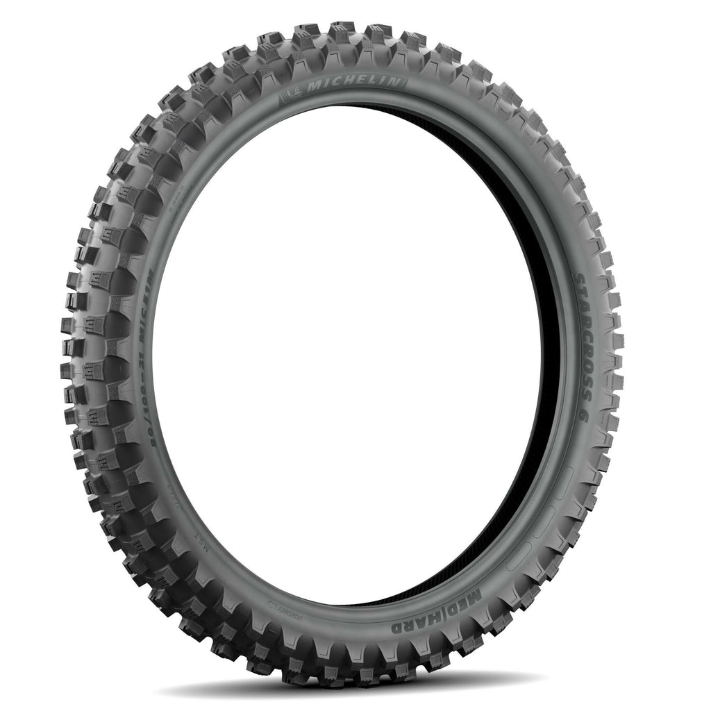 Michelin Starcross 6 Med Hard off-road motorcycle tire with 90/100-21 size and bias tread pattern, designed for durability and performance