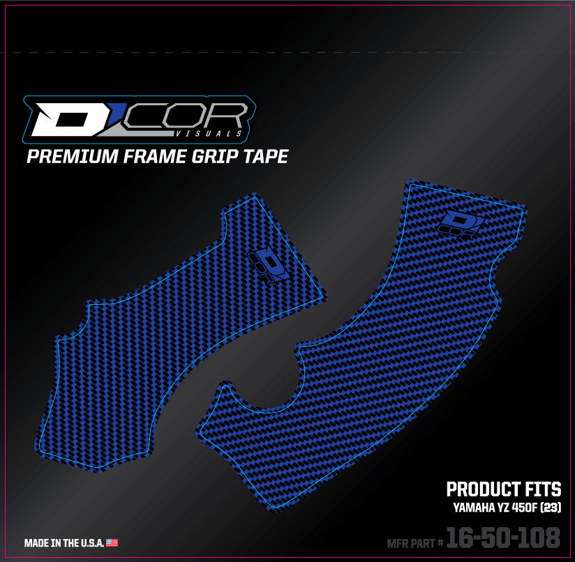 Blue DCOR frame grip tape for Yamaha YZ 450F motorcycle, showing textured surface and branded logo detail.
